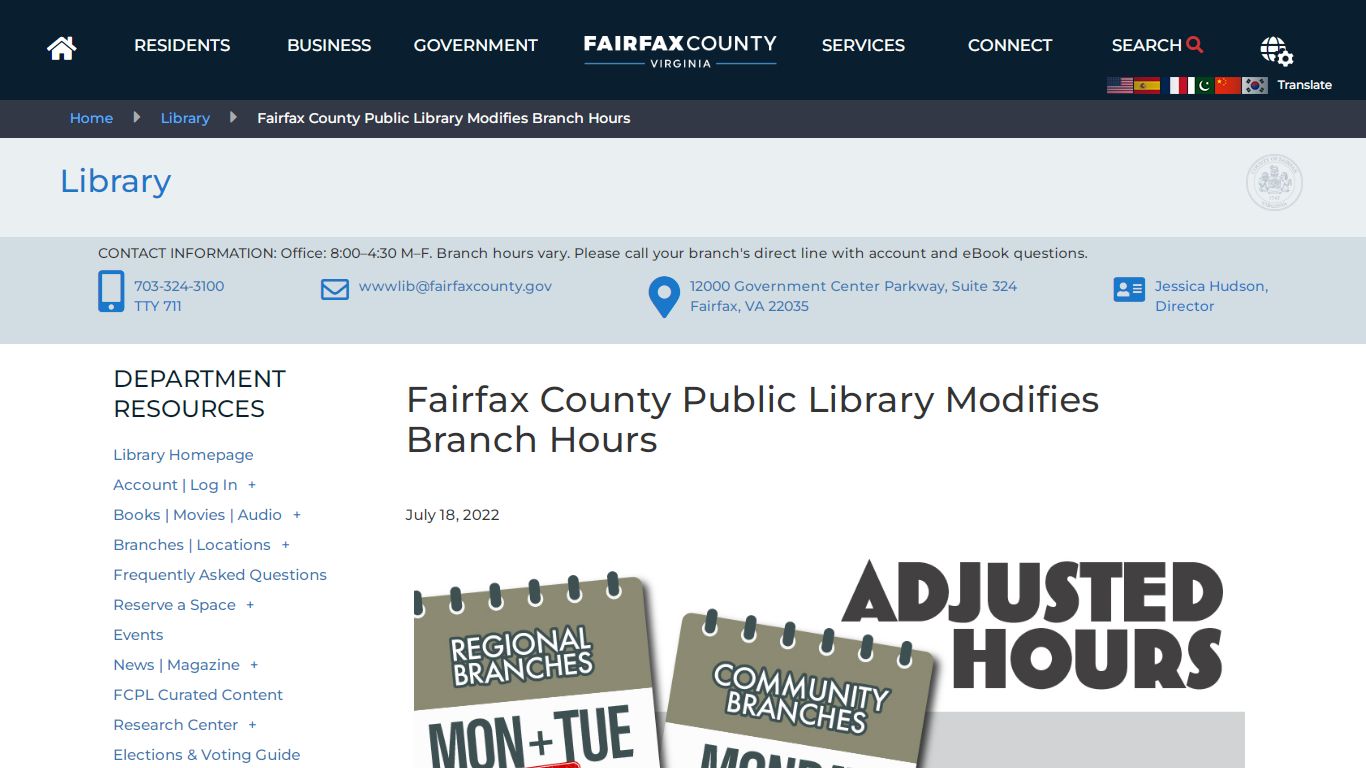 Fairfax County Public Library Modifies Branch Hours | Library